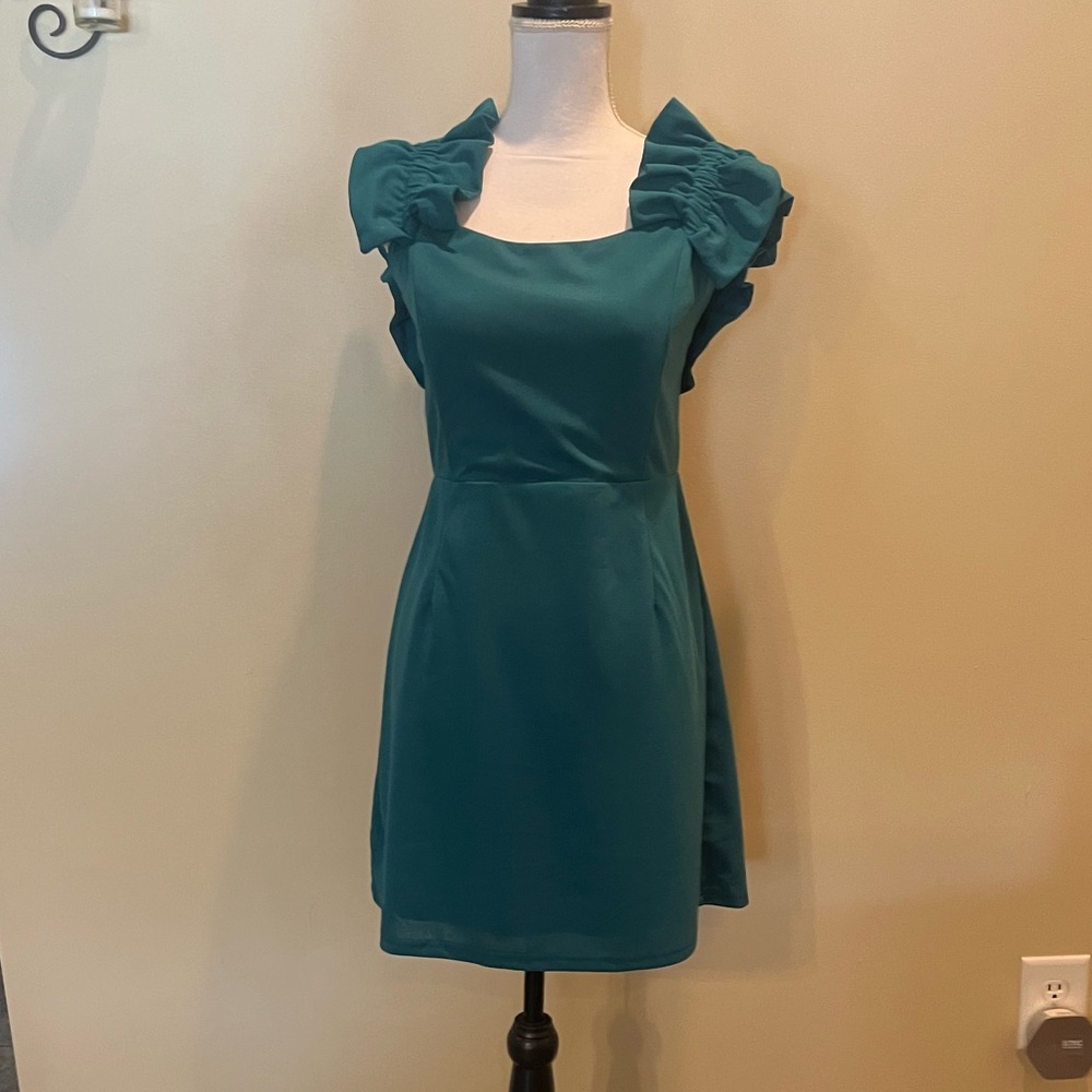 Boutique teal cocktail dress ruffle sleeves WOMENS XL **NEW WITH TAGS**